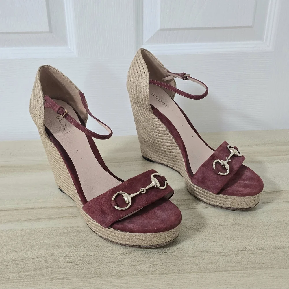 Gucci Horsebit Suede Wedge Espadrille Sandals In Dry Rose Size EU40/US9.5 - Picture 14 of 15